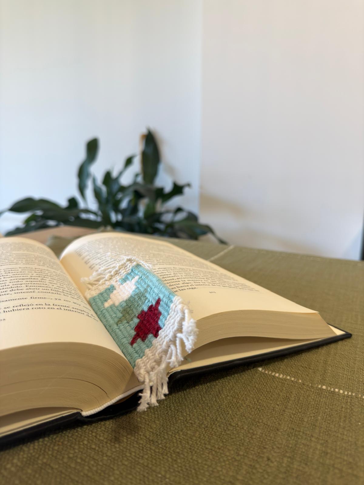 Open book with a colorful bookmark on a green surface, plant in the background