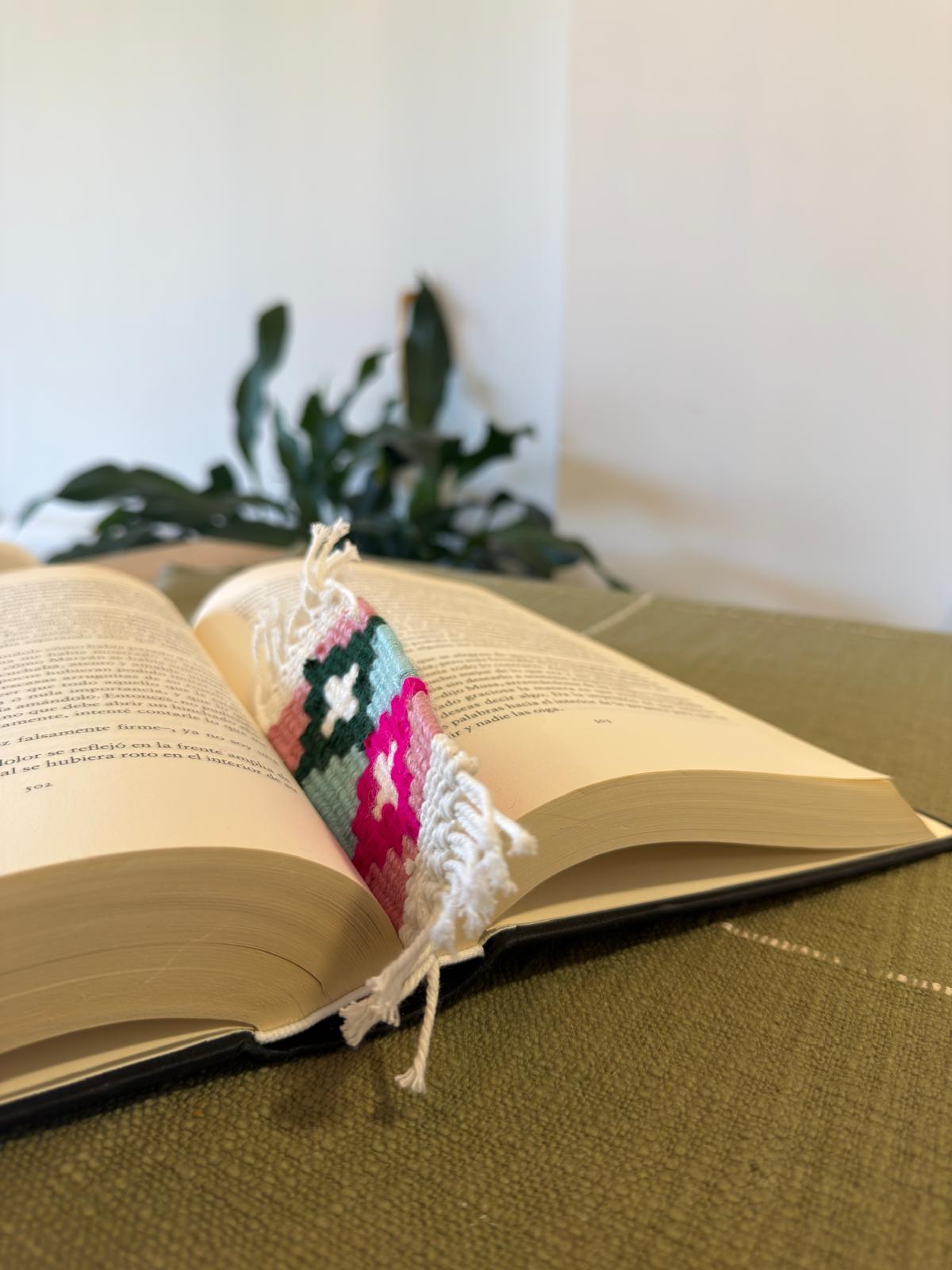 Open book with a colorful woven bookmark on a green surface, plant in the background