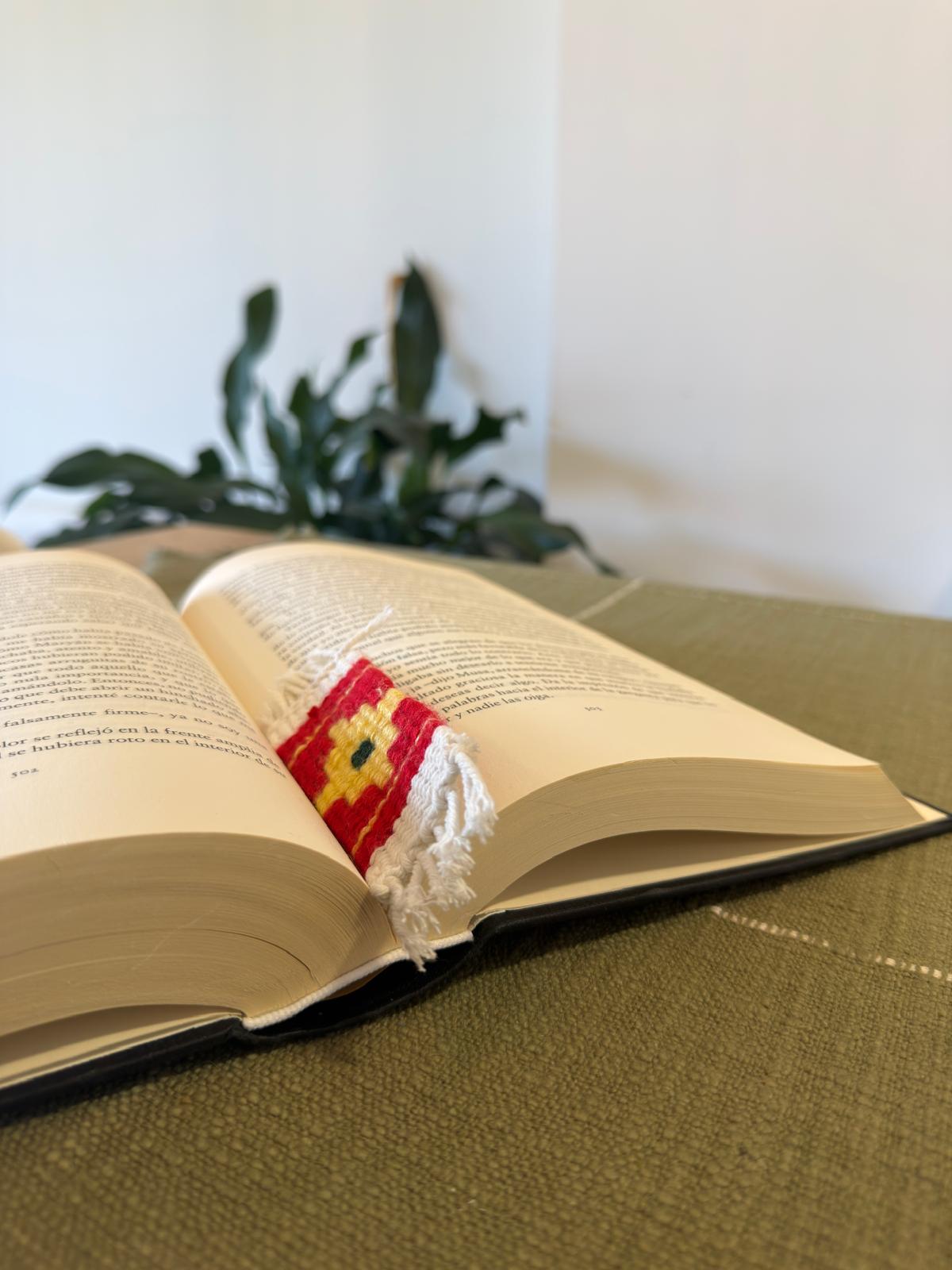 Open book with a decorative bookmark on a green surface