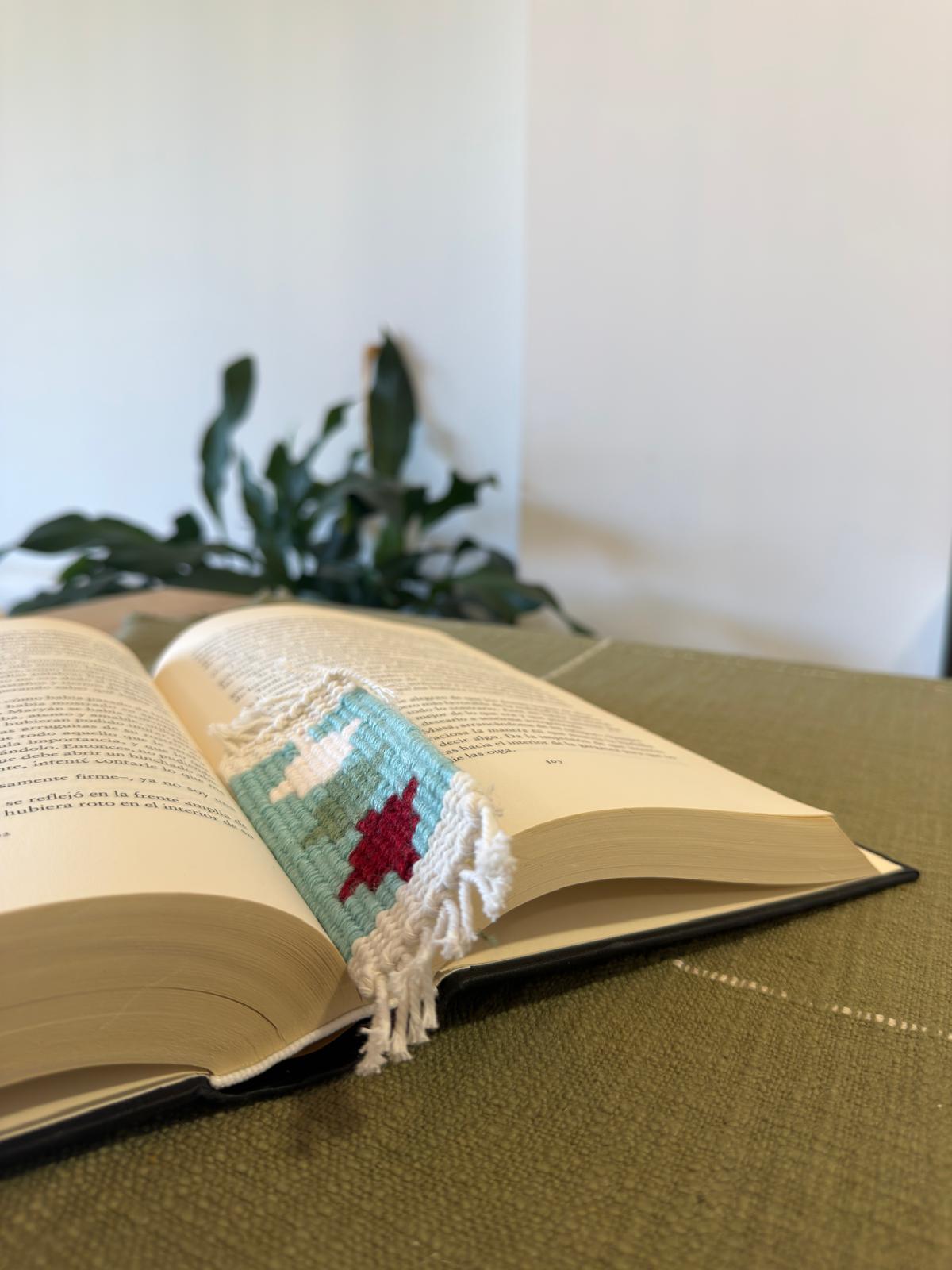 Open book with a colorful knitted bookmark on a green surface, plant in the background
