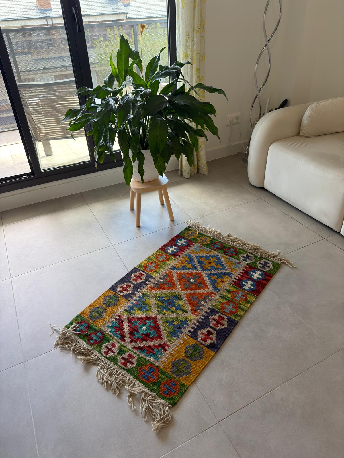 Colorful patterned rug on a tiled floor with a plant and white sofa in the background.