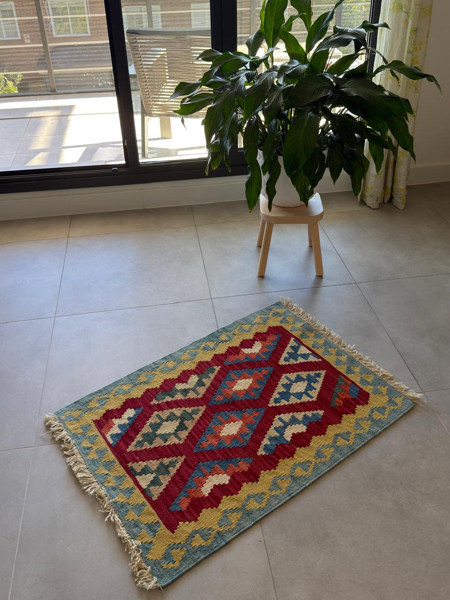 Colorful geometric-patterned rug on a tiled floor with a plant in the background