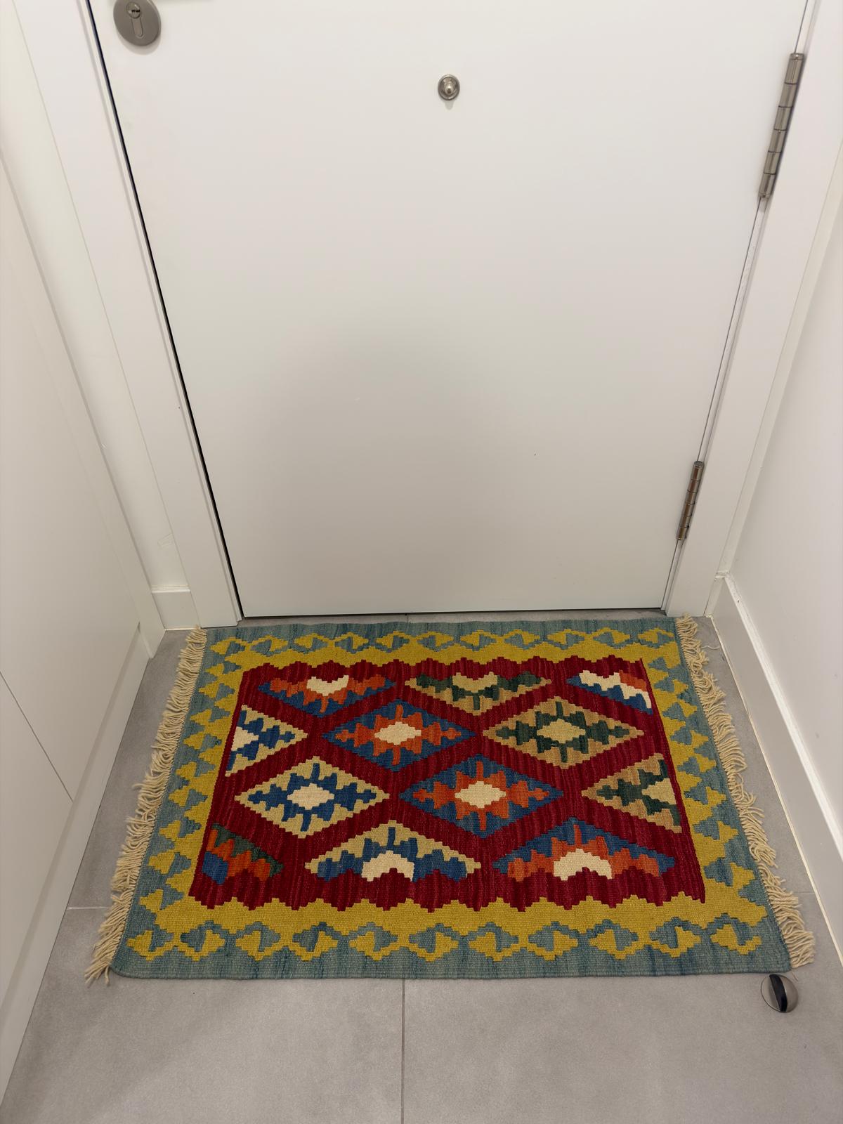 Decorative rug with geometric pattern on a gray floor in front of a door.