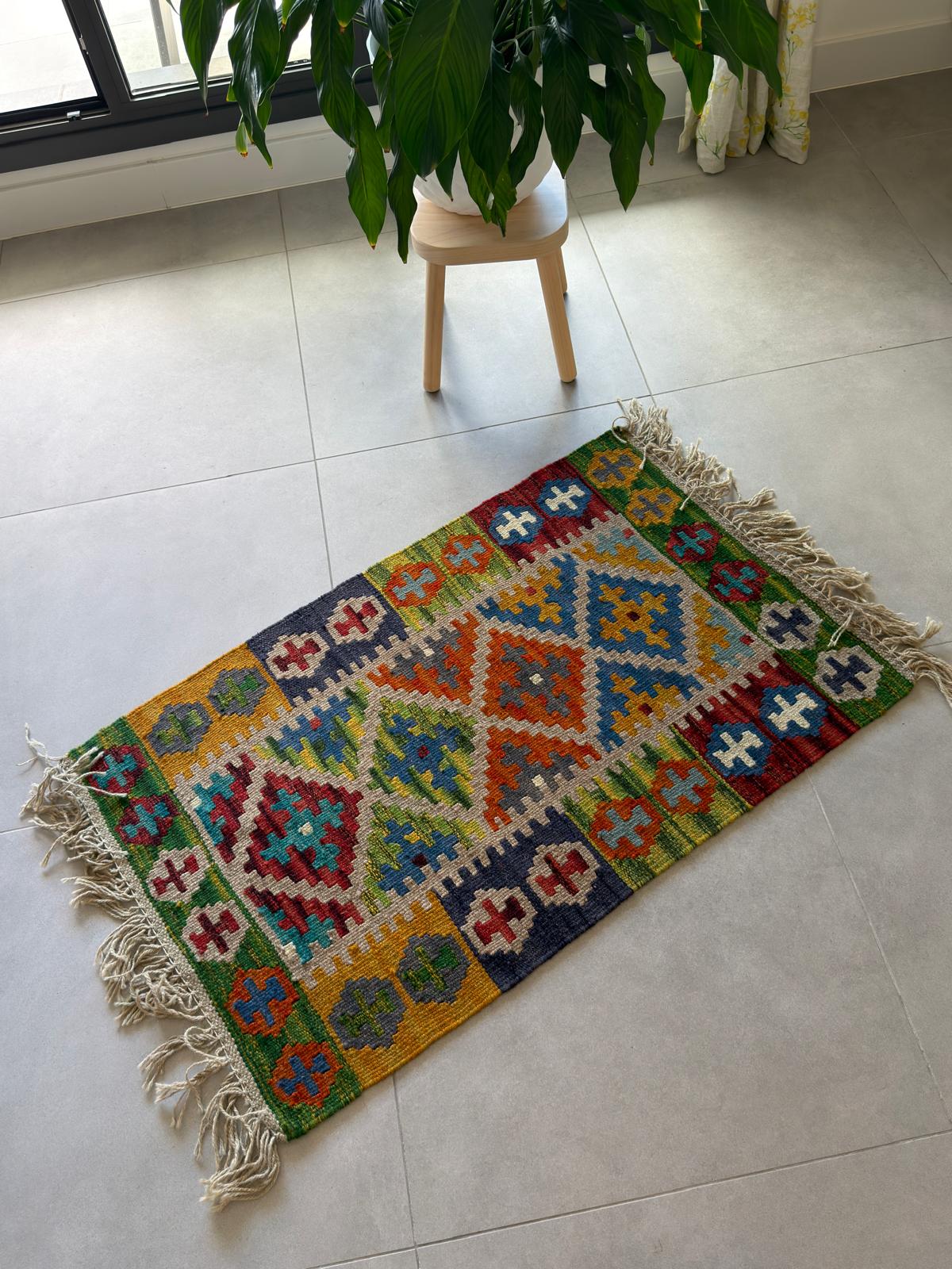Colorful patterned rug on a tiled floor with a plant in the background