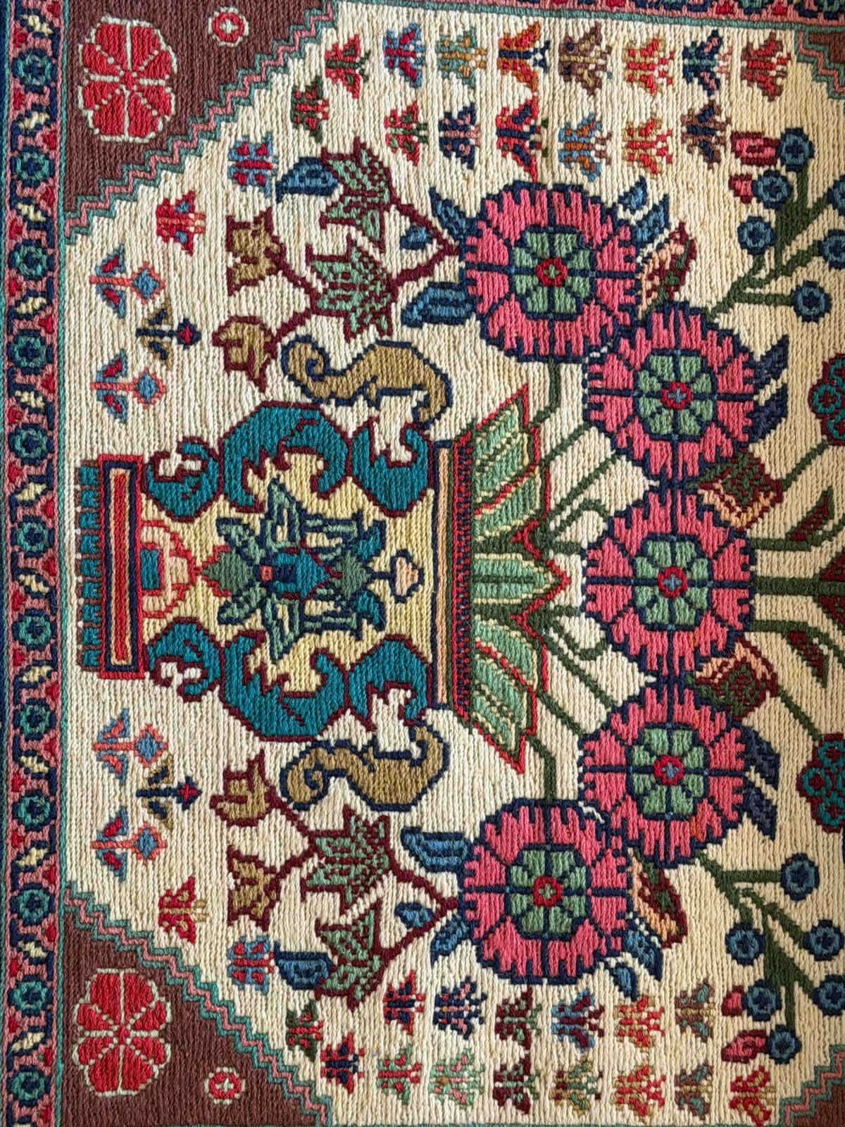 Close-up of a patterned rug with intricate designs and vibrant colors.
