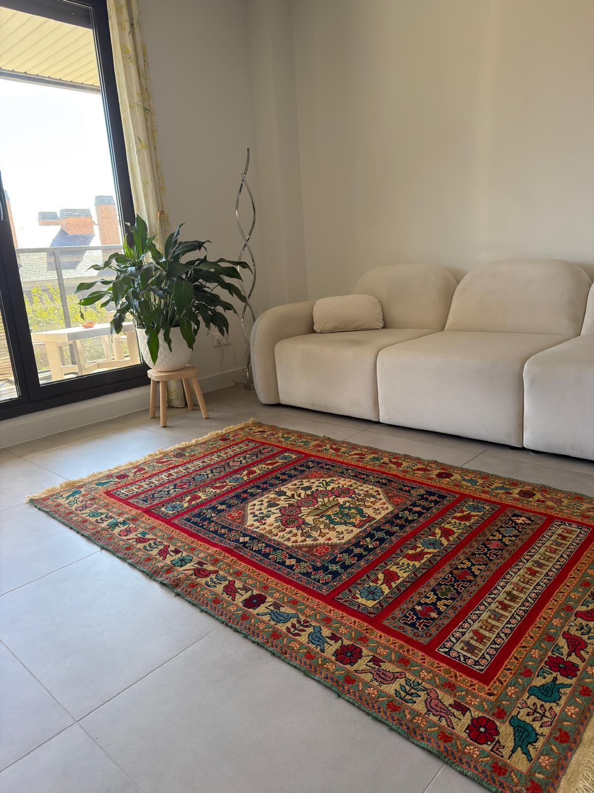 Decorative rug with geometric pattern in a living room setting