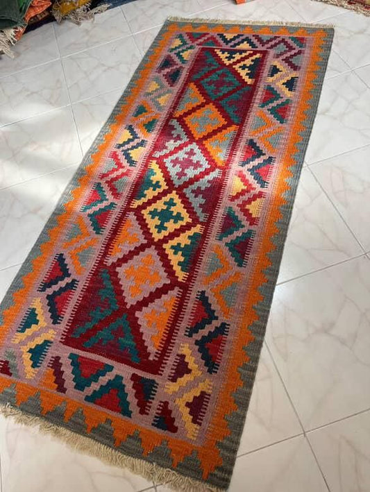 Colorful patterned rug on a tiled floor
