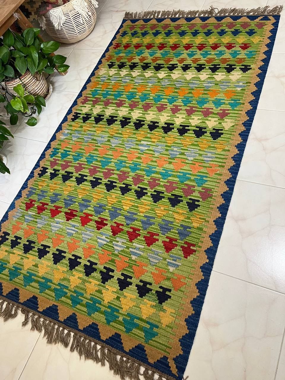 Colorful patterned rug on a tiled floor with plants in the background