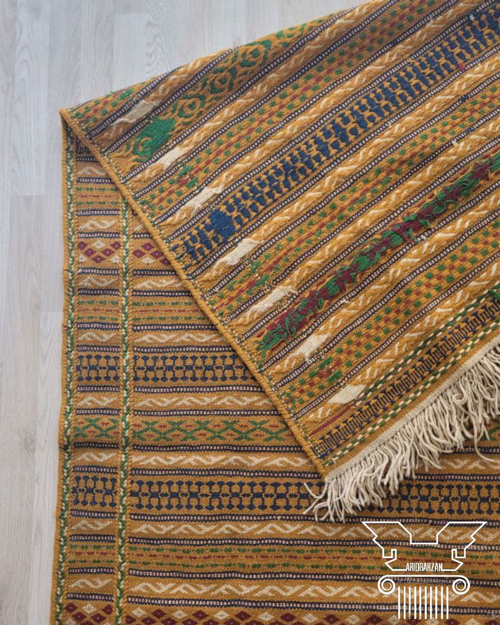 Patterned rug with geometric design on a wooden floor