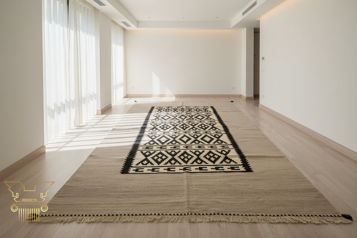 Beige rug with black geometric pattern on a wooden floor